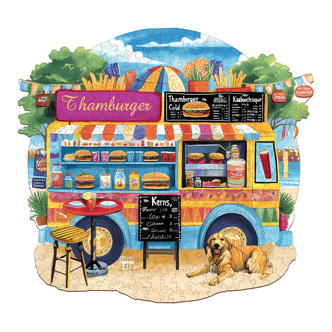 Colorful wooden jigsaw puzzle of a burger food truck with a dog, promoting focus and mental skills through puzzle solving.