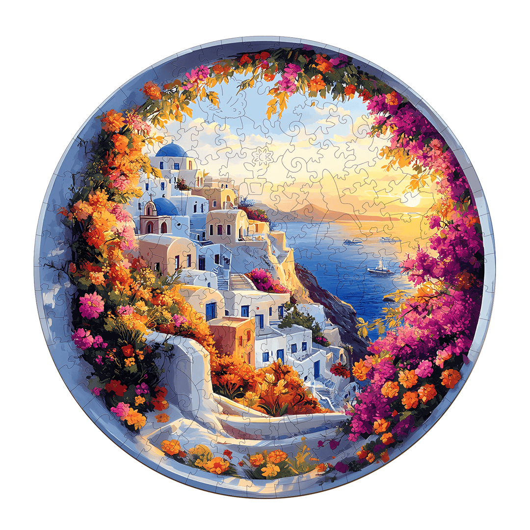 Santorini wooden jigsaw puzzle showcasing vibrant flowers and sunset over white villas by the sea.
