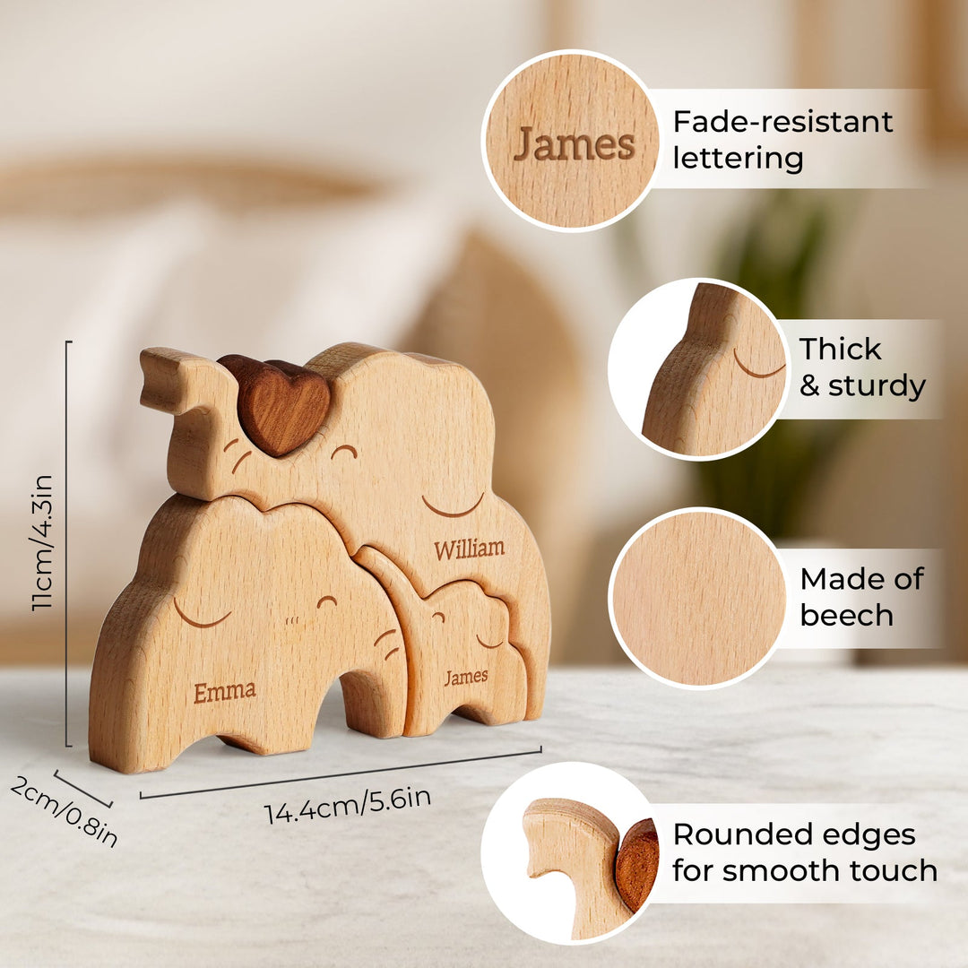 Wooden elephant family puzzle with personalized names, showcasing sturdy design and smooth edges, perfect for family decor.