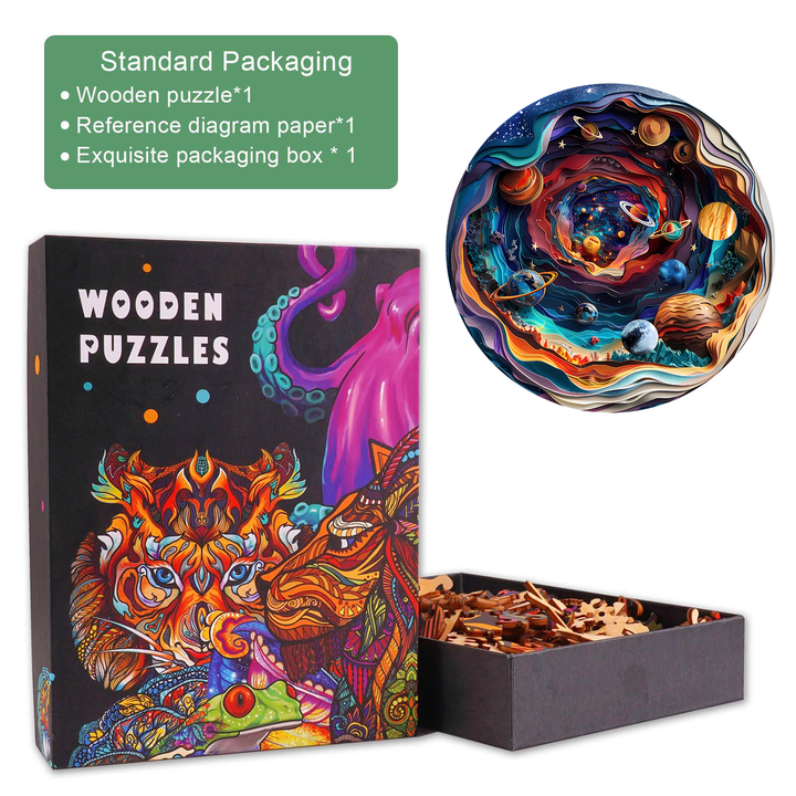 3D Universe Wooden Jigsaw Puzzle with vibrant packaging and pieces, designed for mental focus and exploration.