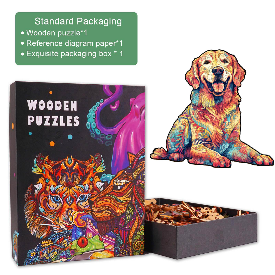Loyal Golden Retriever wooden jigsaw puzzle packaging with colorful box and unique puzzle pieces.