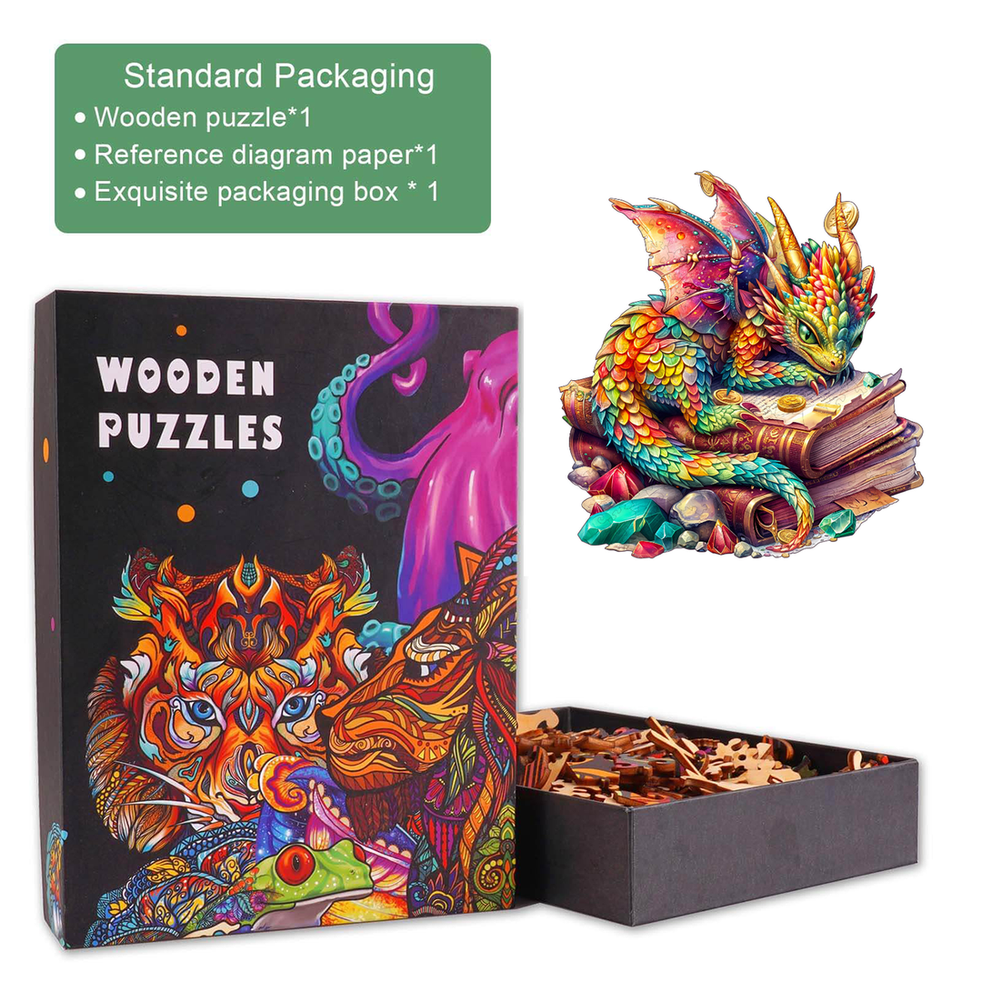 Jeweled Dragon wooden jigsaw puzzle box set with colorful dragon design and puzzle pieces.