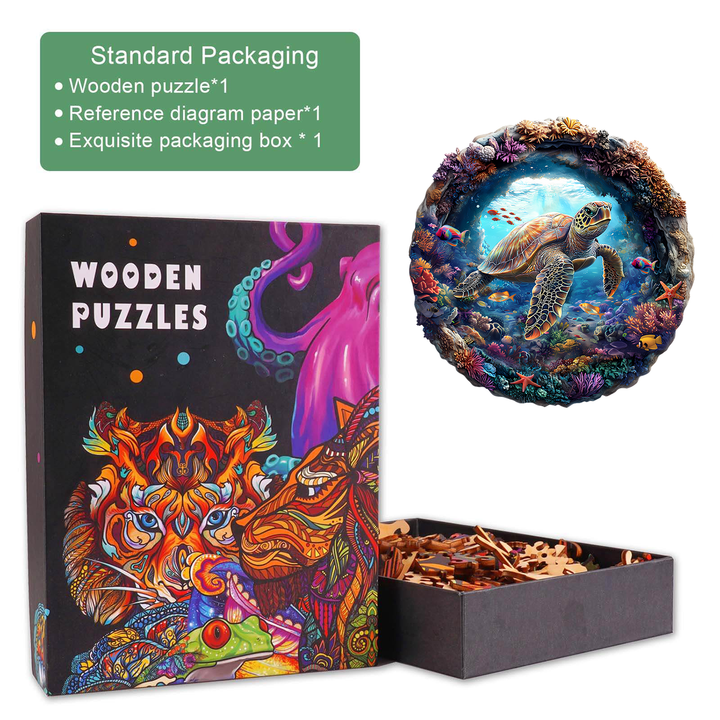 3D Turtle Wooden Jigsaw Puzzle with vibrant packaging, pieces displayed in a box, designed for brain games and focus.