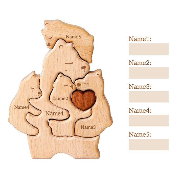 Personalized wooden bear family puzzle with carved names, perfect Mother's Day gift honoring family love.