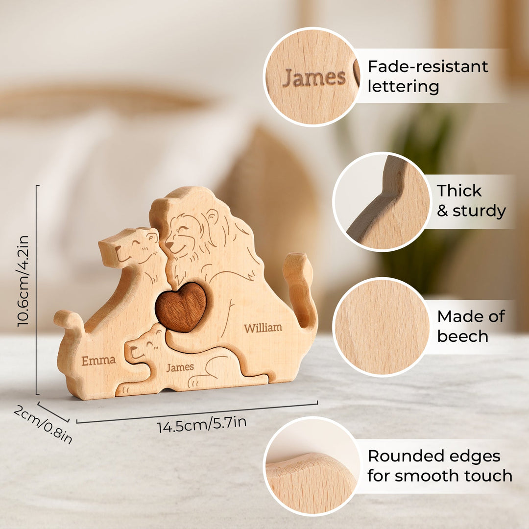 Personalized wooden family name puzzle featuring carved names and heart detail, made of durable beech.