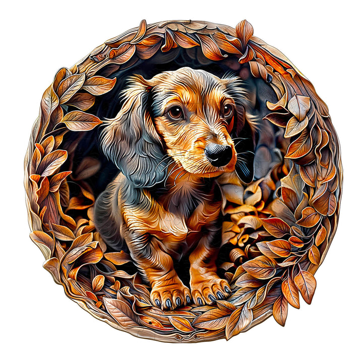 3D Dachshund-2 wooden jigsaw puzzle featuring a realistic dog in a leaf frame, designed for mind games and focus.