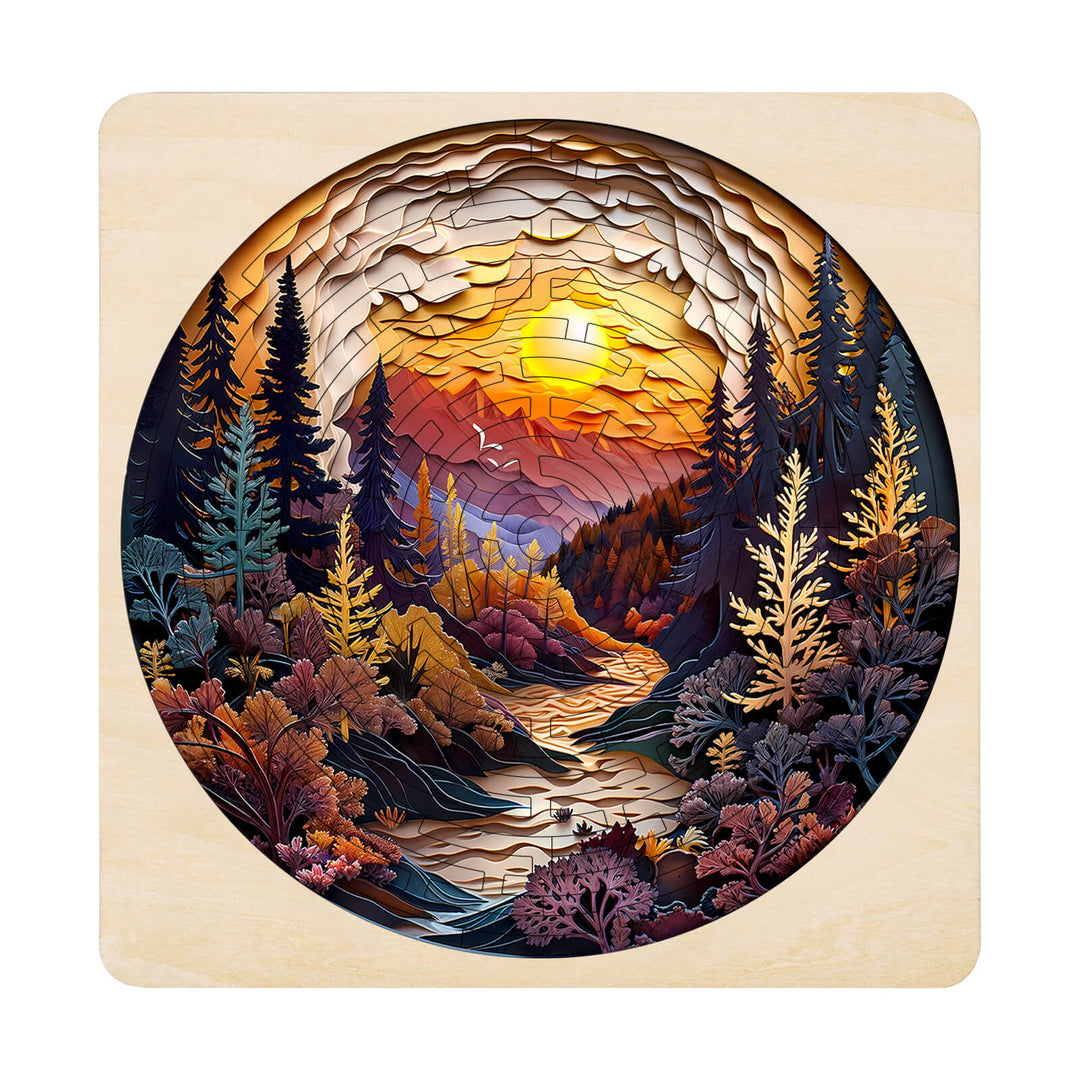 Maze PuzzlesâAutumn Forest image showcasing a vibrant jigsaw puzzle landscape of an autumn scene.