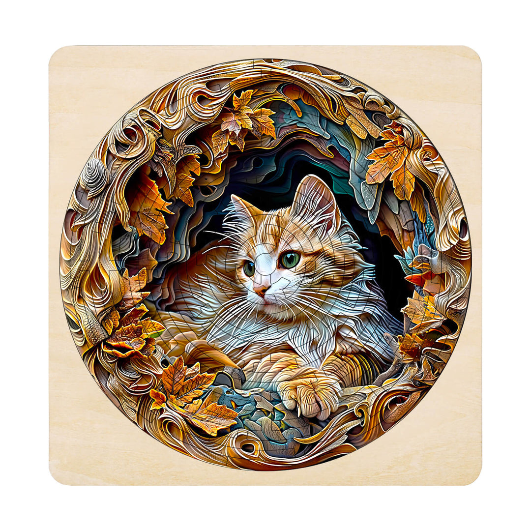Maze PuzzlesâAutumn Cat featuring a detailed illustration of a cat surrounded by autumn leaves.