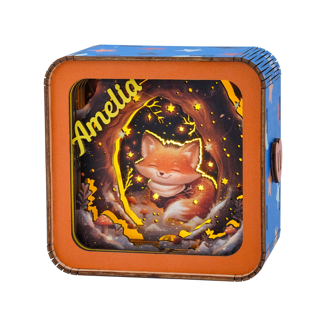 Personalized 3D wooden night light featuring a charming fox design, perfect for home decor and gifting.