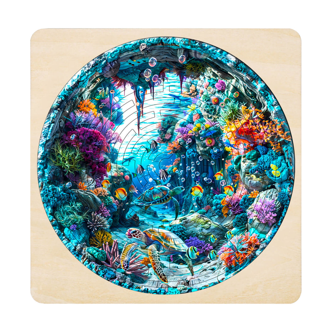 Colorful underwater maze puzzle featuring vibrant coral and sea life in a blue ocean theme.