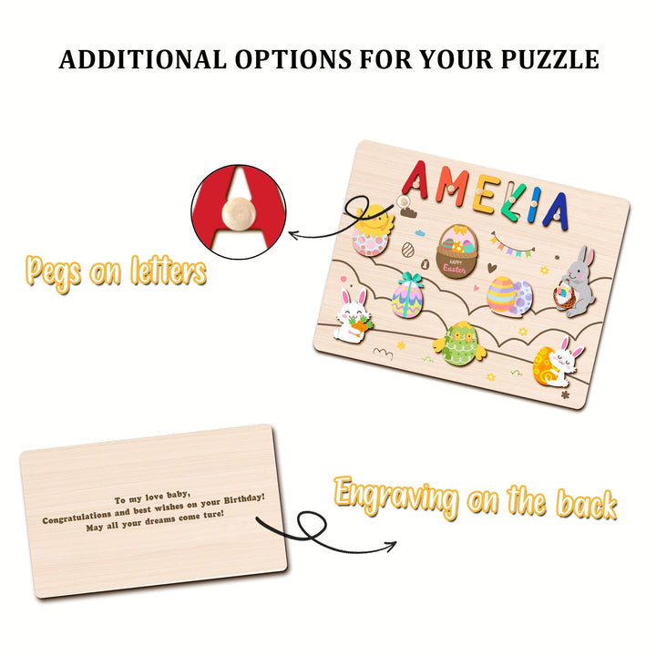 Puzzle en bois personnalisé avec prénom - Jouet lapin de Pâques et œuf pour tout-petits