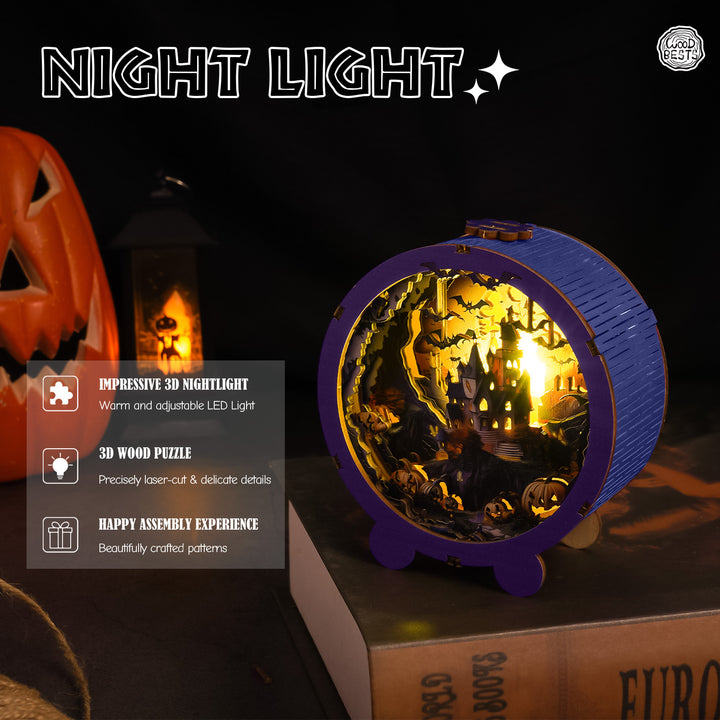 3D wooden night light in pumpkin decor, featuring intricate design and warm LED illumination for Halloween.