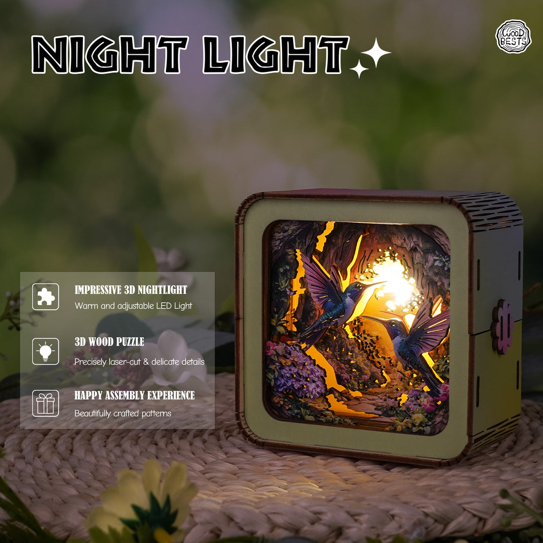 3D wooden puzzle night light featuring hummingbirds and warm LED lighting, perfect for cozy atmospheres.