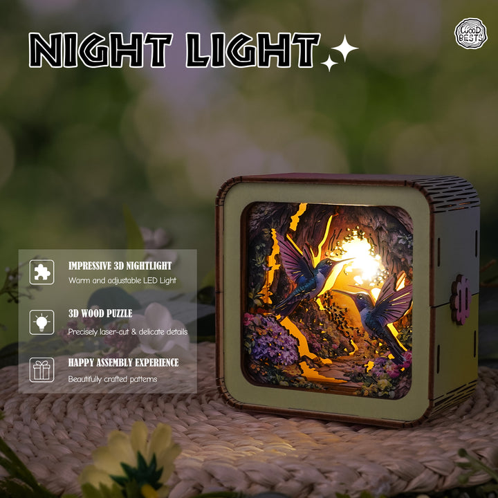 3D wooden puzzle night light featuring hummingbirds and warm LED lighting, perfect for cozy atmospheres.