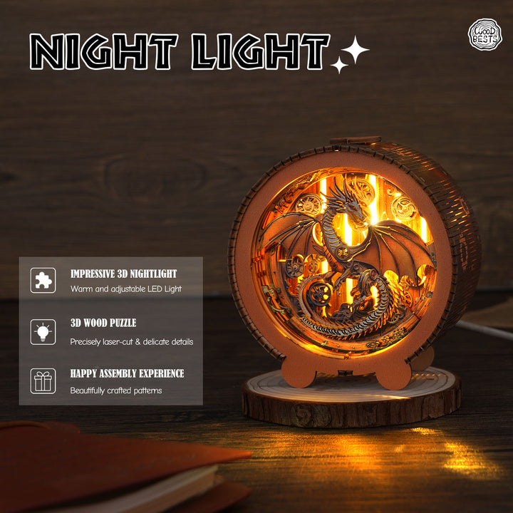 Mechanical Dragon Kit 3D wooden puzzle night light with warm LED illumination and intricate laser-cut details.