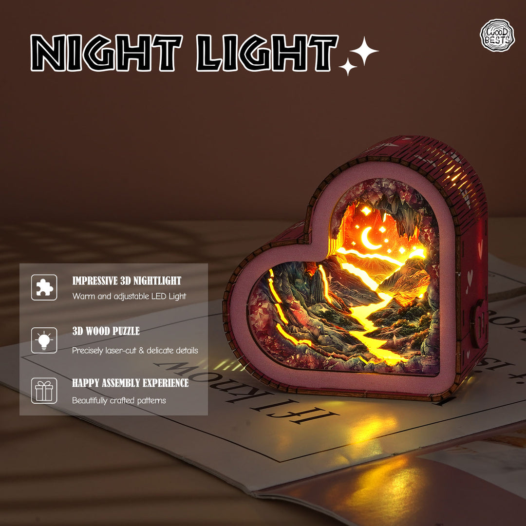 3D wooden puzzle night light shaped like a heart, featuring a warm LED glow and intricate design details.