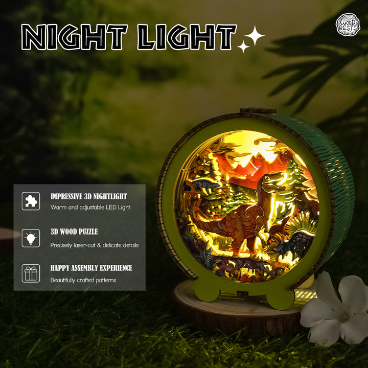 3D wooden puzzle night light featuring dinosaurs, warm LED glow, and beautifully crafted design, perfect for kids' room decor.