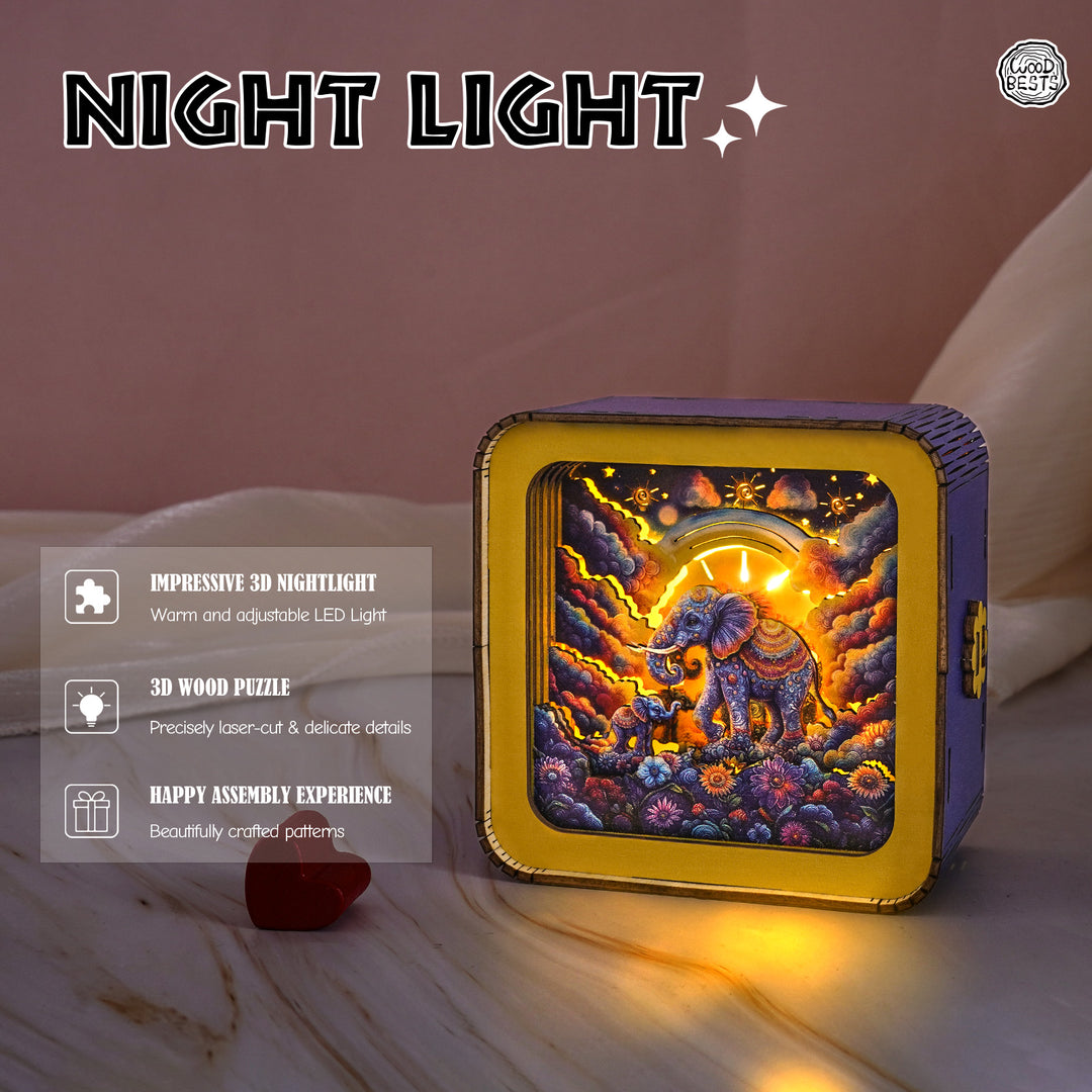 3D wooden elephant night light with warm LED, showcasing intricate puzzle design for home decor.
