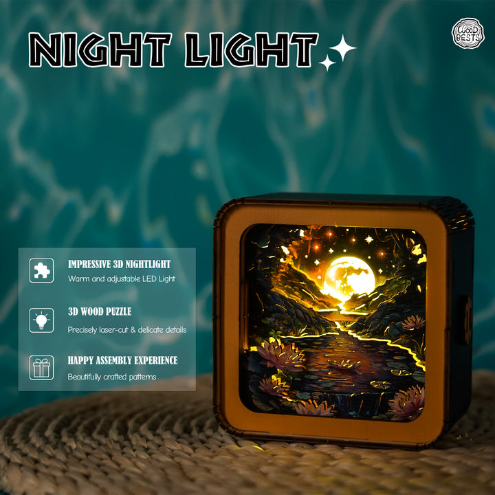 Moonlight over Lotus Pond 3D wooden puzzle night light with adjustable LED, featuring intricate designs and warm glow.