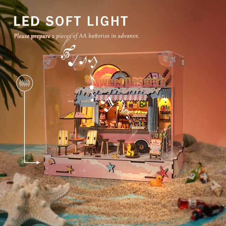 3D miniature dessert cart wooden puzzle with LED soft light, detailed design, perfect for DIY craft projects.
