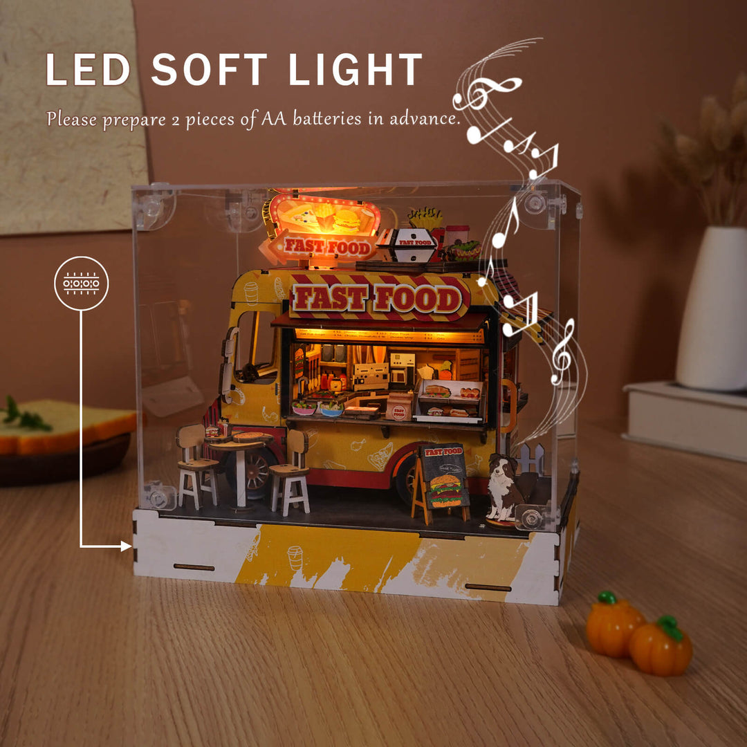 DIY miniature fast food cart with LED soft light, intricately designed wooden puzzle for crafting enthusiasts.