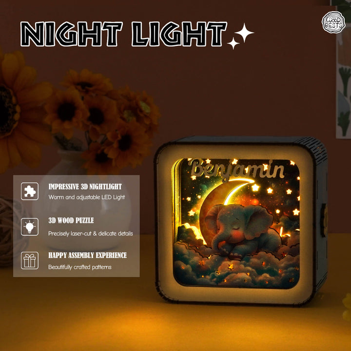 Personalized Dream Elephant 3D wooden puzzle night light with warm LED, showcasing intricate details and assembly experience.