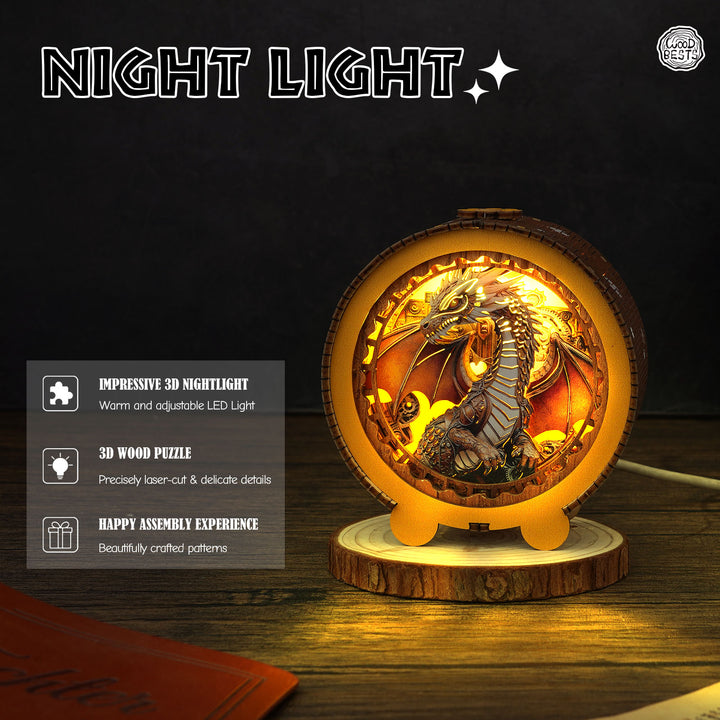 Steampunk dragon night light featuring warm LED glow, 3D wooden puzzle design, and intricate patterns for a stunning decor piece.