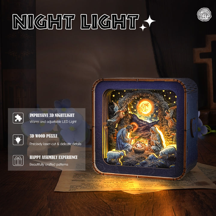 3D wooden puzzle night light featuring a nativity scene with warm LED illumination and intricate laser-cut details.