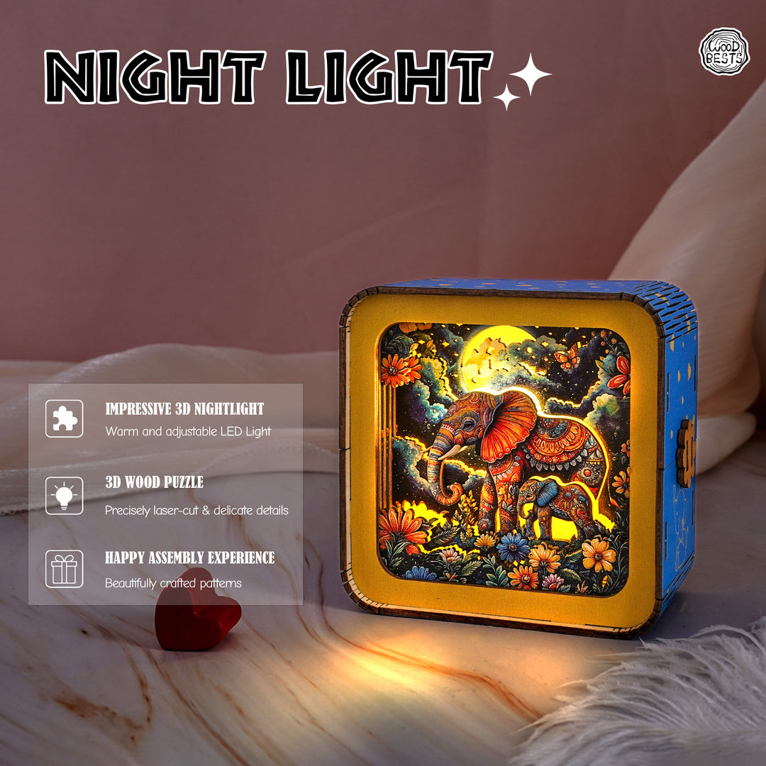 3D wooden puzzle night light featuring a colorful elephant under the moon, perfect for home decor and gifting.