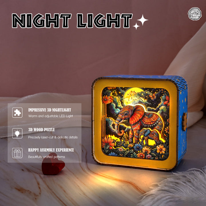 3D wooden puzzle night light featuring a colorful elephant under the moon, perfect for home decor and gifting.