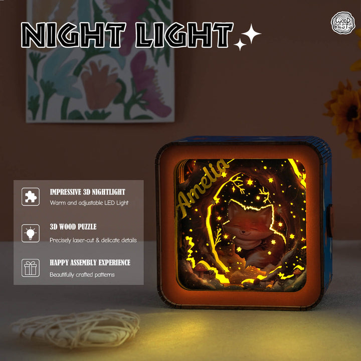 3D wooden puzzle night light featuring warm LED glow and intricate designs, personalized with the name 'Amelie'.