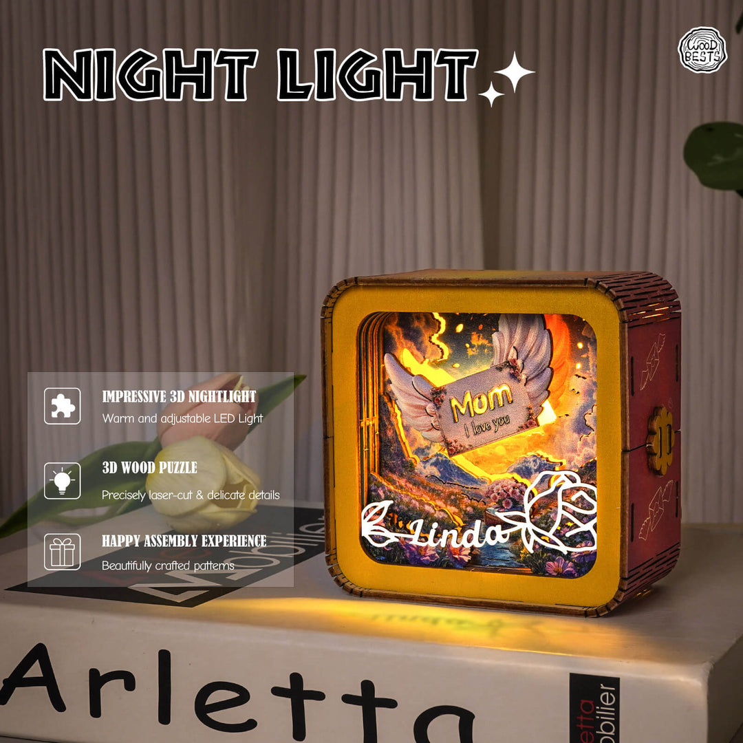 Personalized 3D wooden puzzle night light with warm LED, featuring intricate designs and customizable name for Mother's Day.