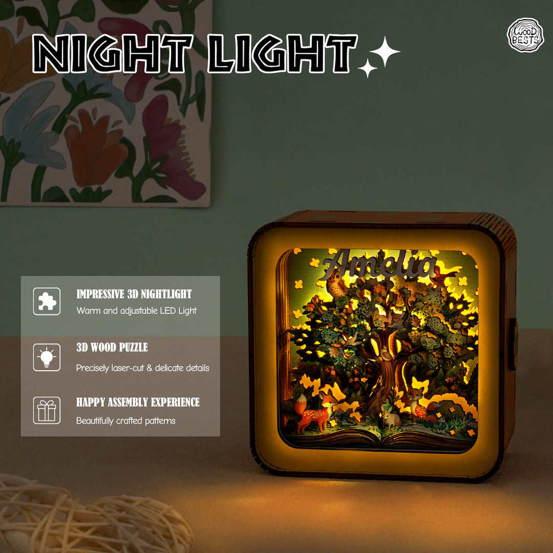 Personalized 3D wooden puzzle night light kit with warm LED light, showcasing intricate forest designs.