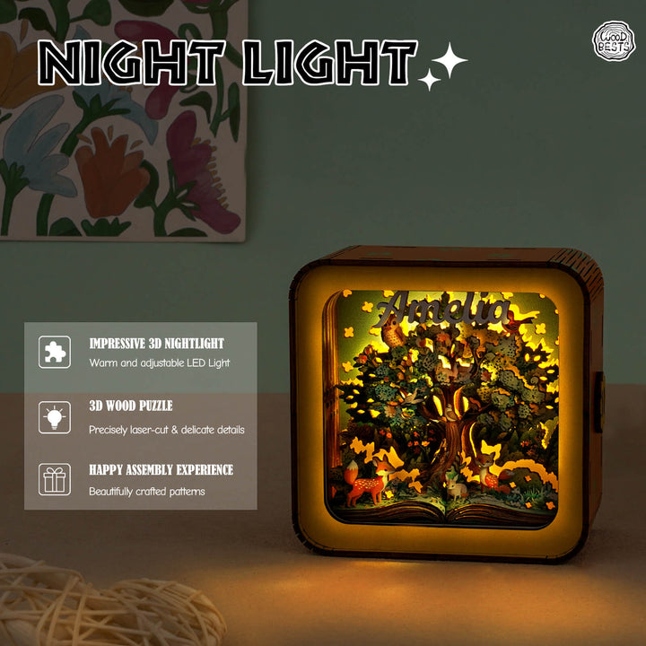 Personalized 3D wooden puzzle night light kit with warm LED light, showcasing intricate forest designs.