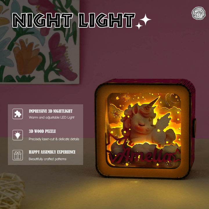 Personalized 3D wooden puzzle night light with adjustable LED, featuring a unicorn design and warm glow.