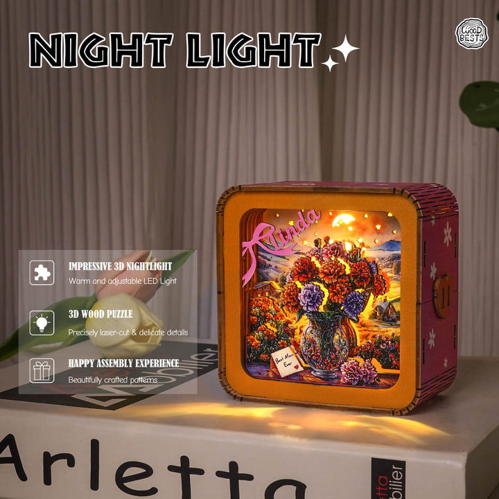 3D wooden puzzle night light featuring vibrant flowers, warm LED glow, and intricate design, perfect for home decoration.