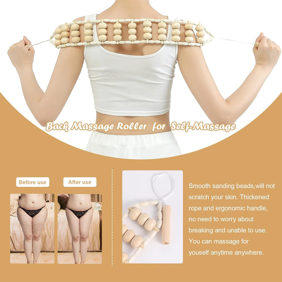 Woman demonstrating a back massage roller designed for self-massage and relaxation at home.