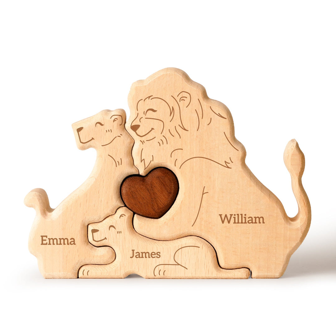 Personalized wooden lion family name puzzle featuring intricately carved names Emma, William, and James.