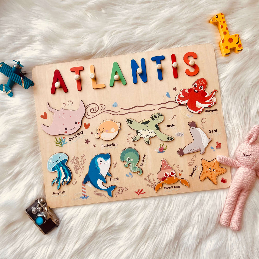 Puzzle en bois personnalisé avec prénom - Jouet animaux marins pour tout-petits