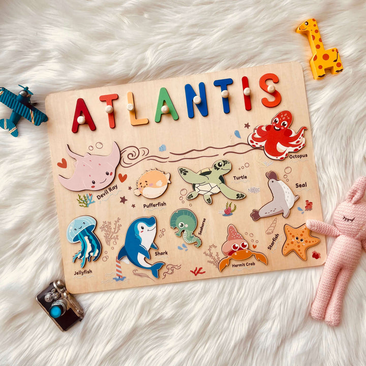 Puzzle en bois personnalisé avec prénom - Jouet animaux marins pour tout-petits