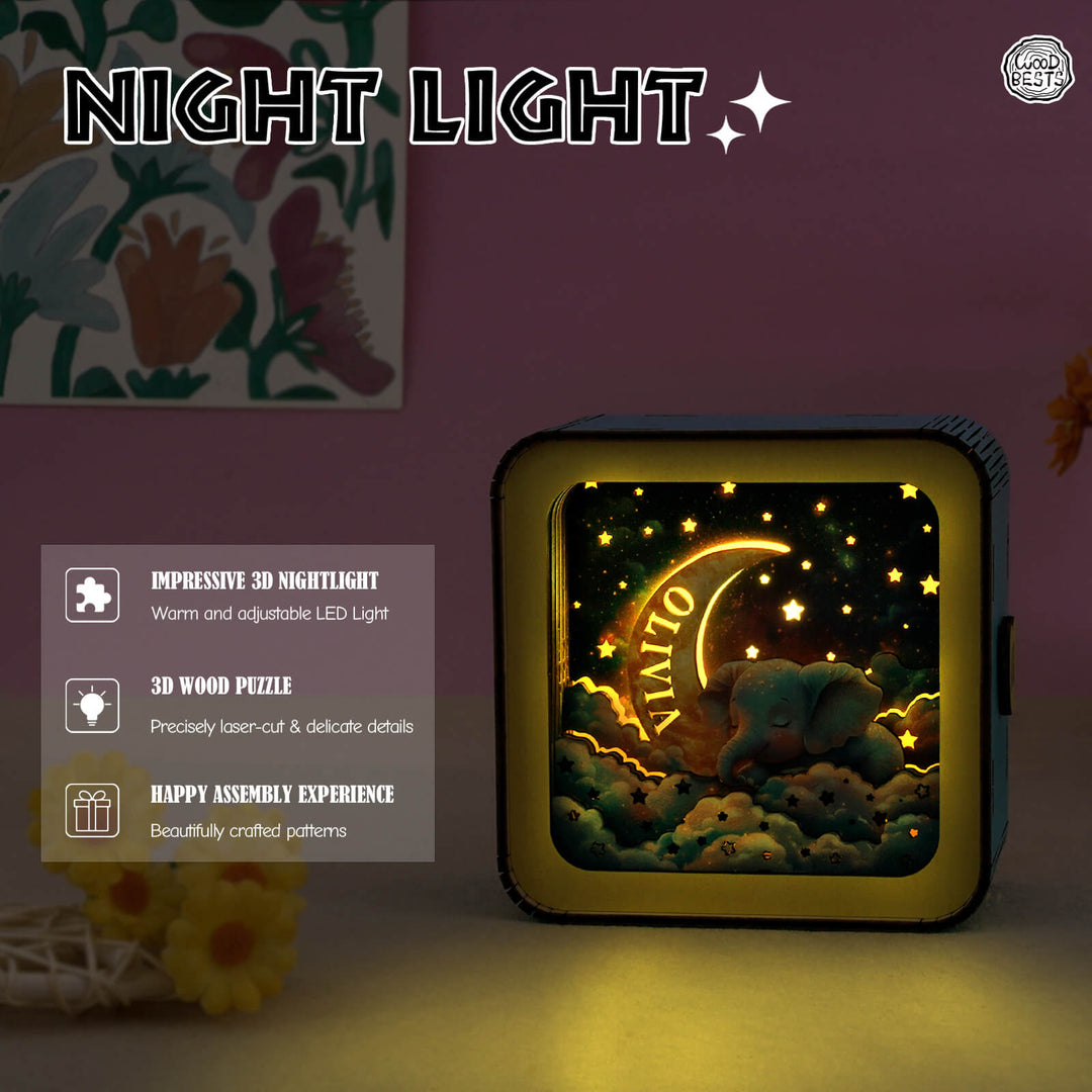 Dream Elephant 1 Kit 3D wooden puzzle night light, warm LED glow, easy assembly, perfect Mother's Day gift.