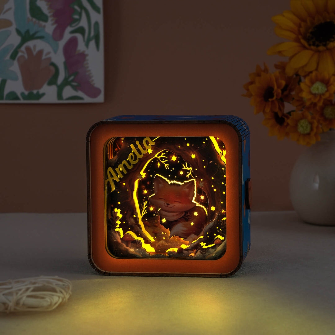 Personalized 3D wooden night light featuring a charming fox design, perfect for cozy home decor.