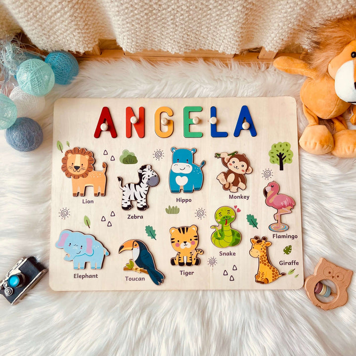 Personalized Wooden Name Puzzle - Safari Animal Toy for Toddlers