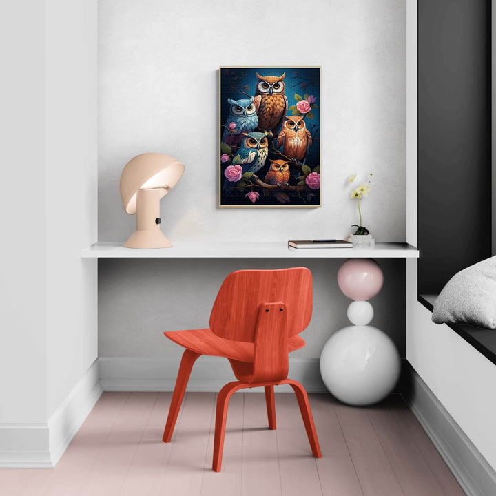 Stylish workspace showcasing an owl-themed puzzle artwork with a modern red chair and soft lighting.