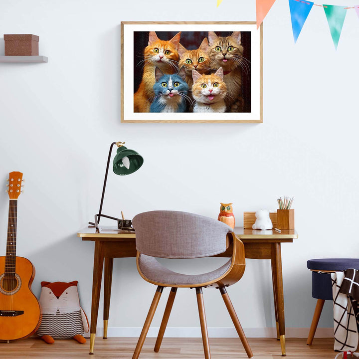Colorful artwork featuring six cute cats with expressive faces, perfect for cat lovers and puzzle enthusiasts.
