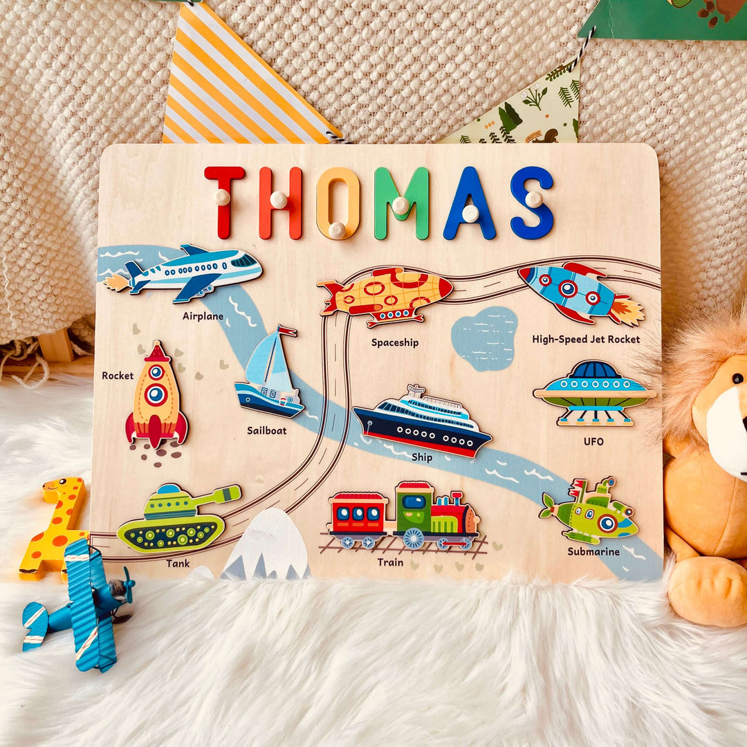 Rompecabezas de Madera Personalizado con Nombre - Juguete Educativo de Vehículos para Niños Pequeños