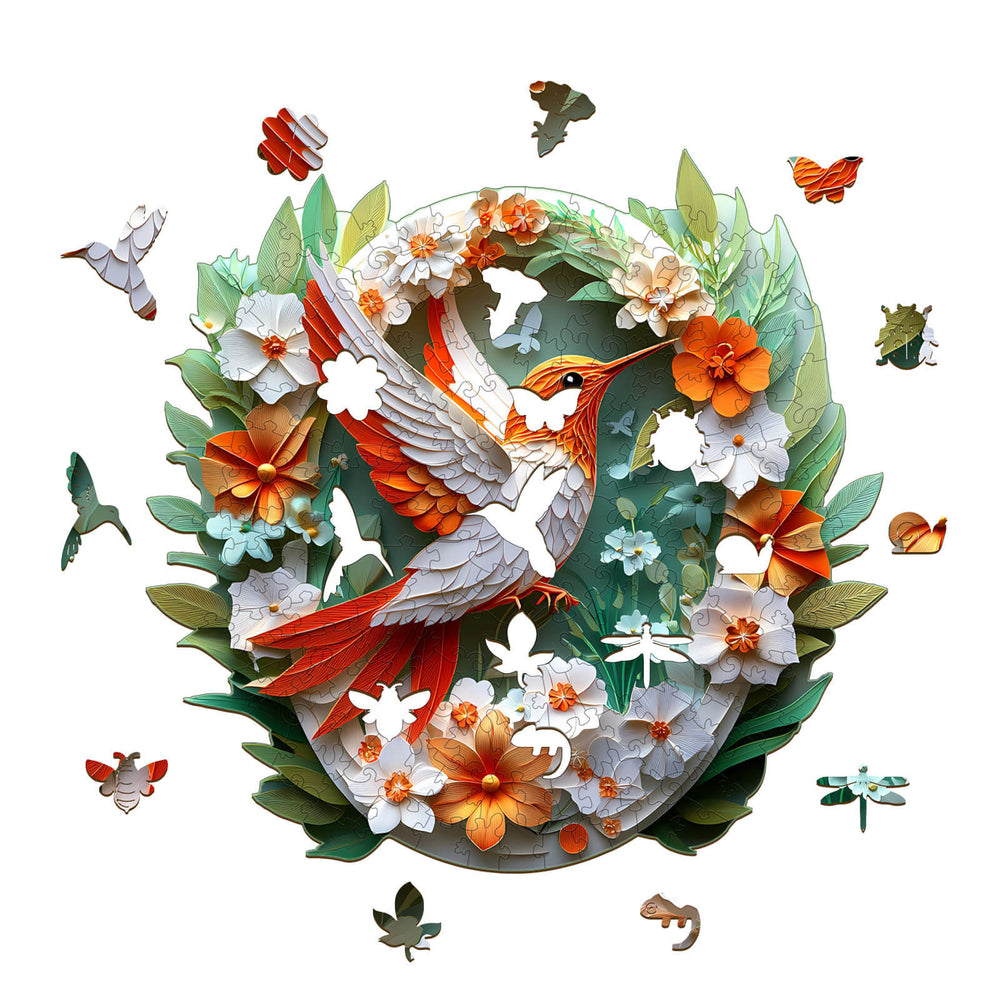 3D colored paper carving puzzle featuring a vibrant hummingbird surrounded by floral elements and butterflies.