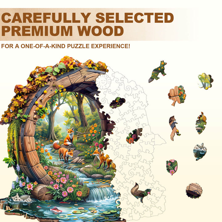Happy foxes-2 wooden jigsaw puzzle with colorful landscape and puzzle pieces, designed for brain engagement.