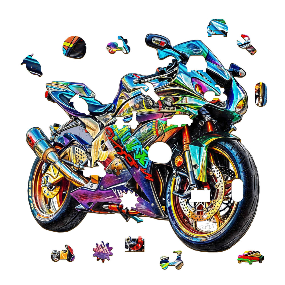 Colorful motorcycle wooden jigsaw puzzle with pieces scattered around, designed for mind games and focus enhancement.