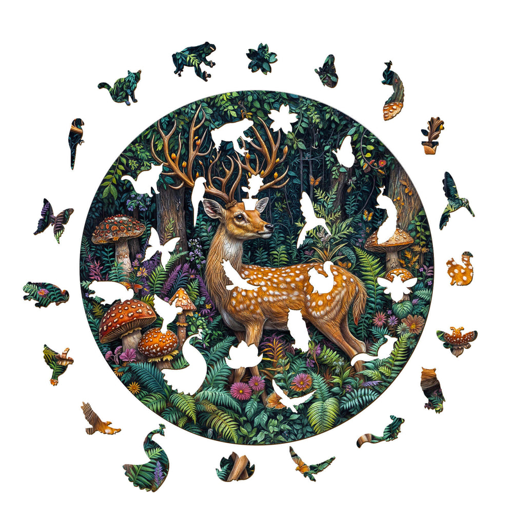 Colorful round jigsaw puzzle featuring a deer and various woodland creatures among mushrooms and foliage.